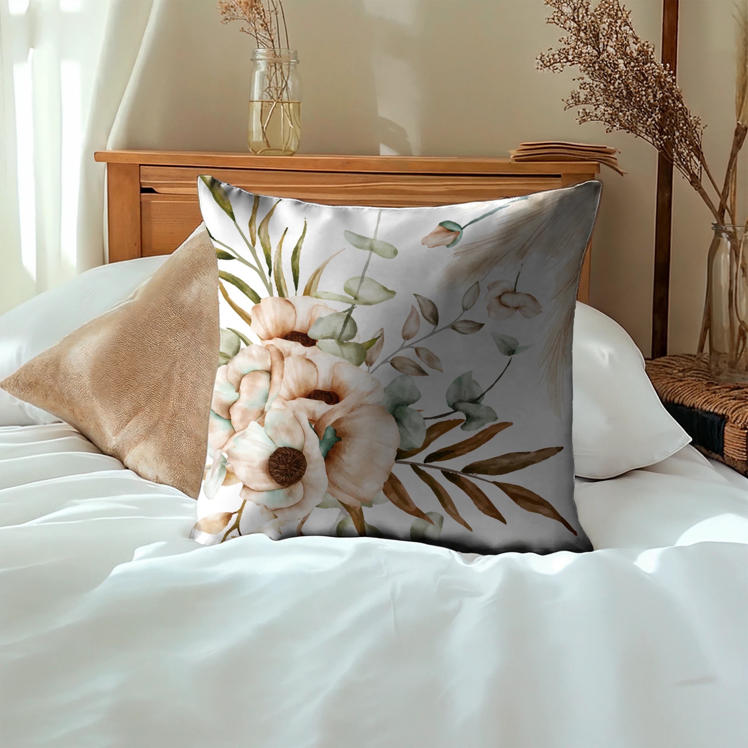 Poszewka dekoracyjna jasiek 40x40 Boho kwiaty biały beżowy – miniatura