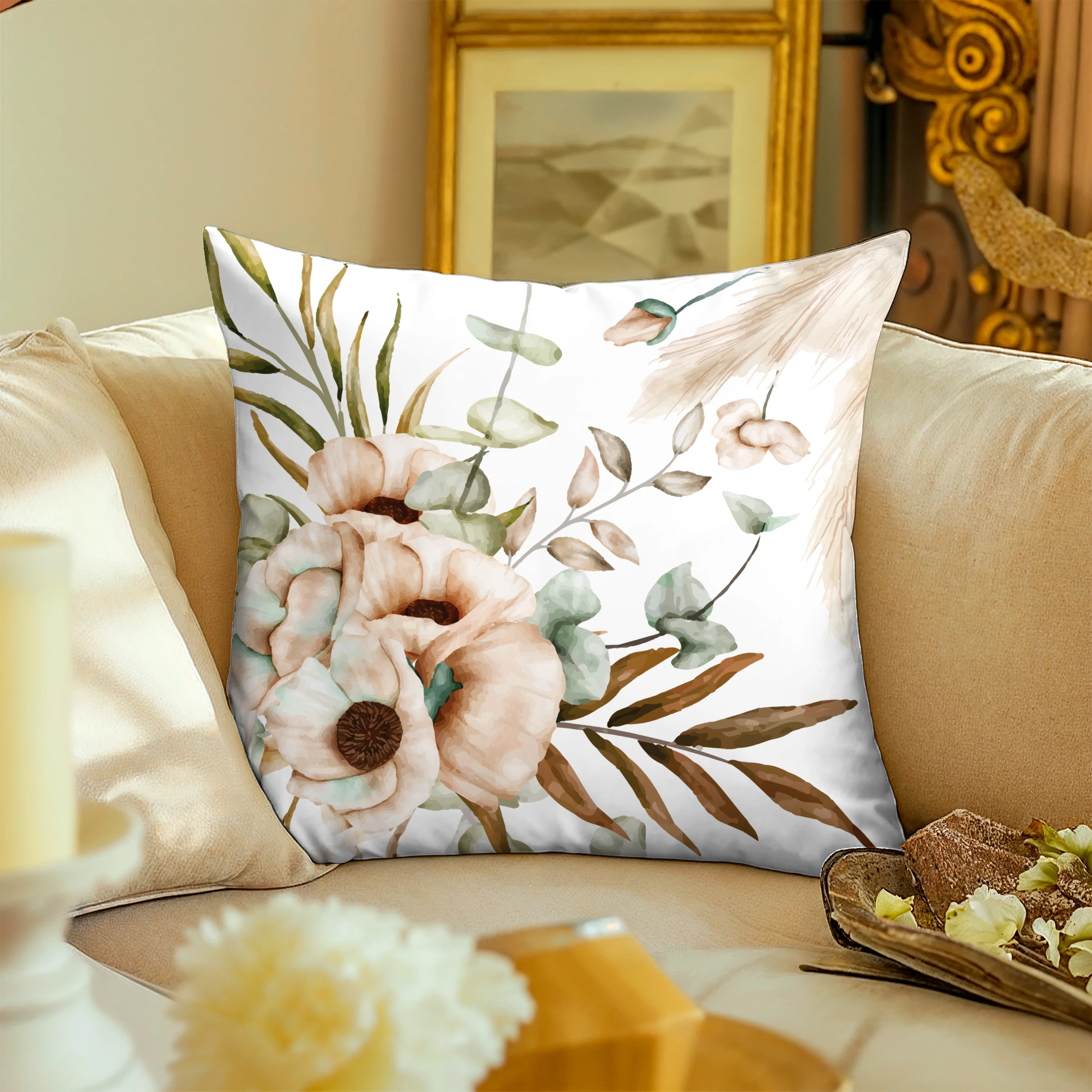 Poszewka dekoracyjna jasiek 40x40 Boho kwiaty biały beżowy – miniatura