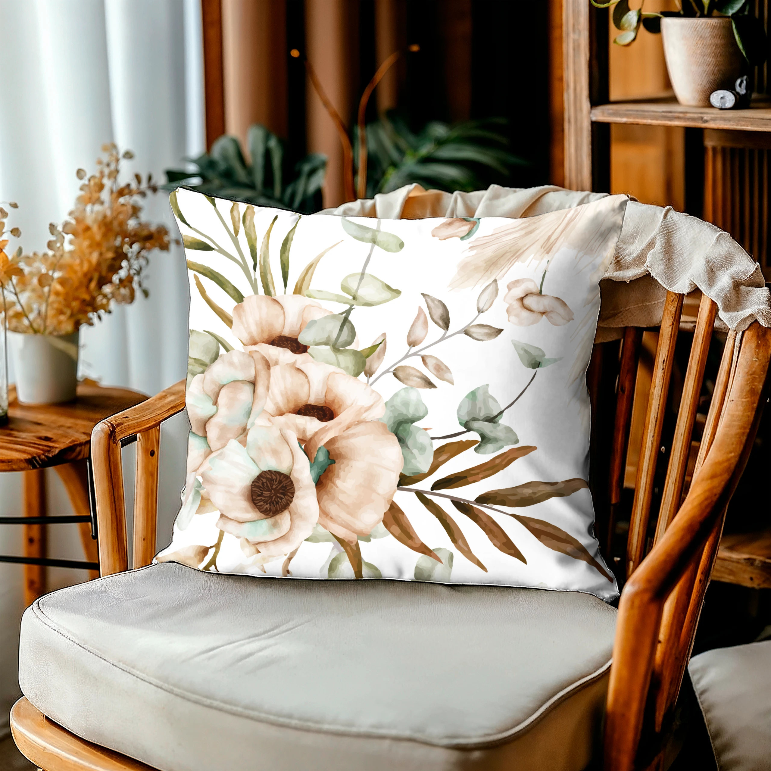 Poszewka dekoracyjna jasiek 40x40 Boho kwiaty biały beżowy – miniatura