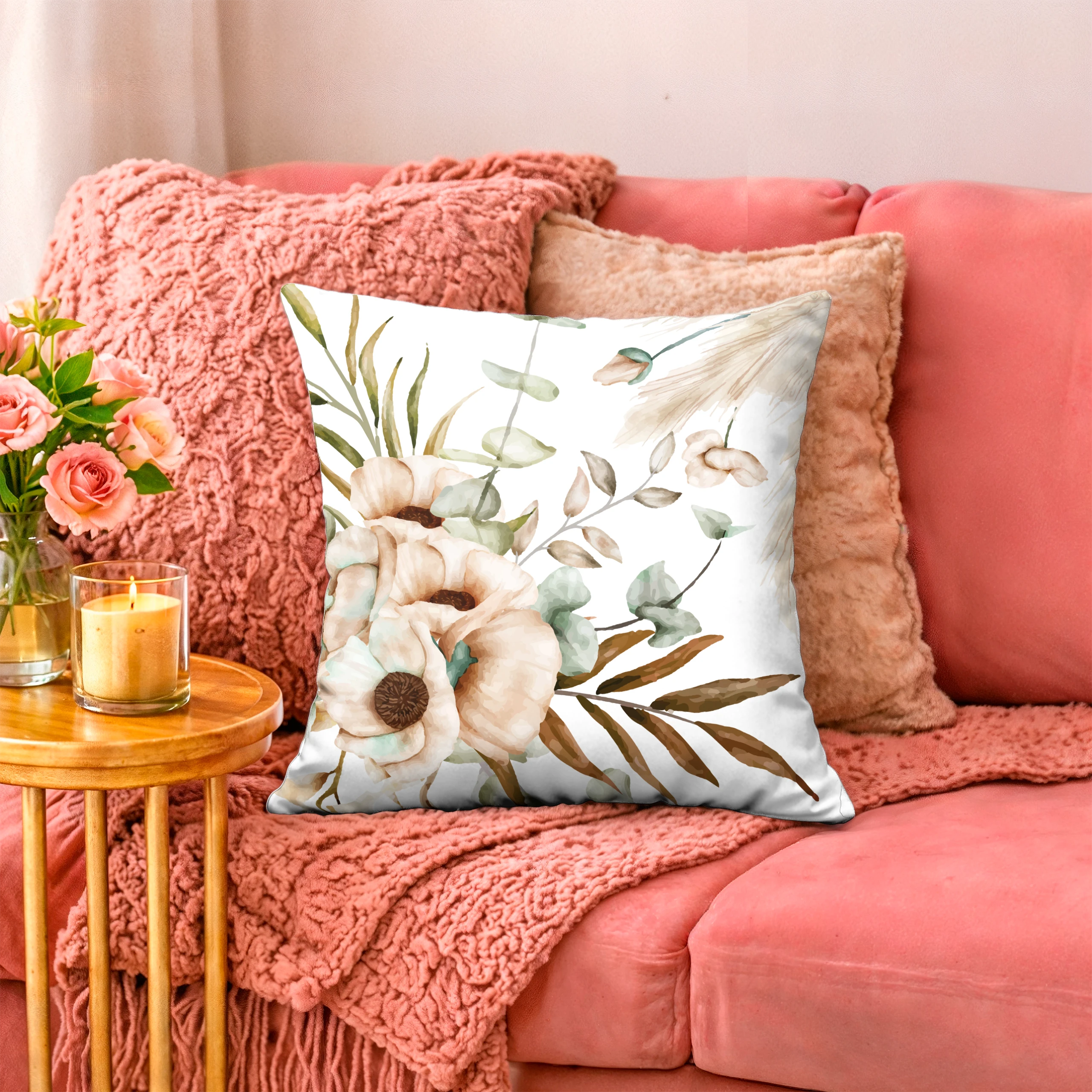 Poszewka dekoracyjna jasiek 40x40 Boho kwiaty biały beżowy – miniatura