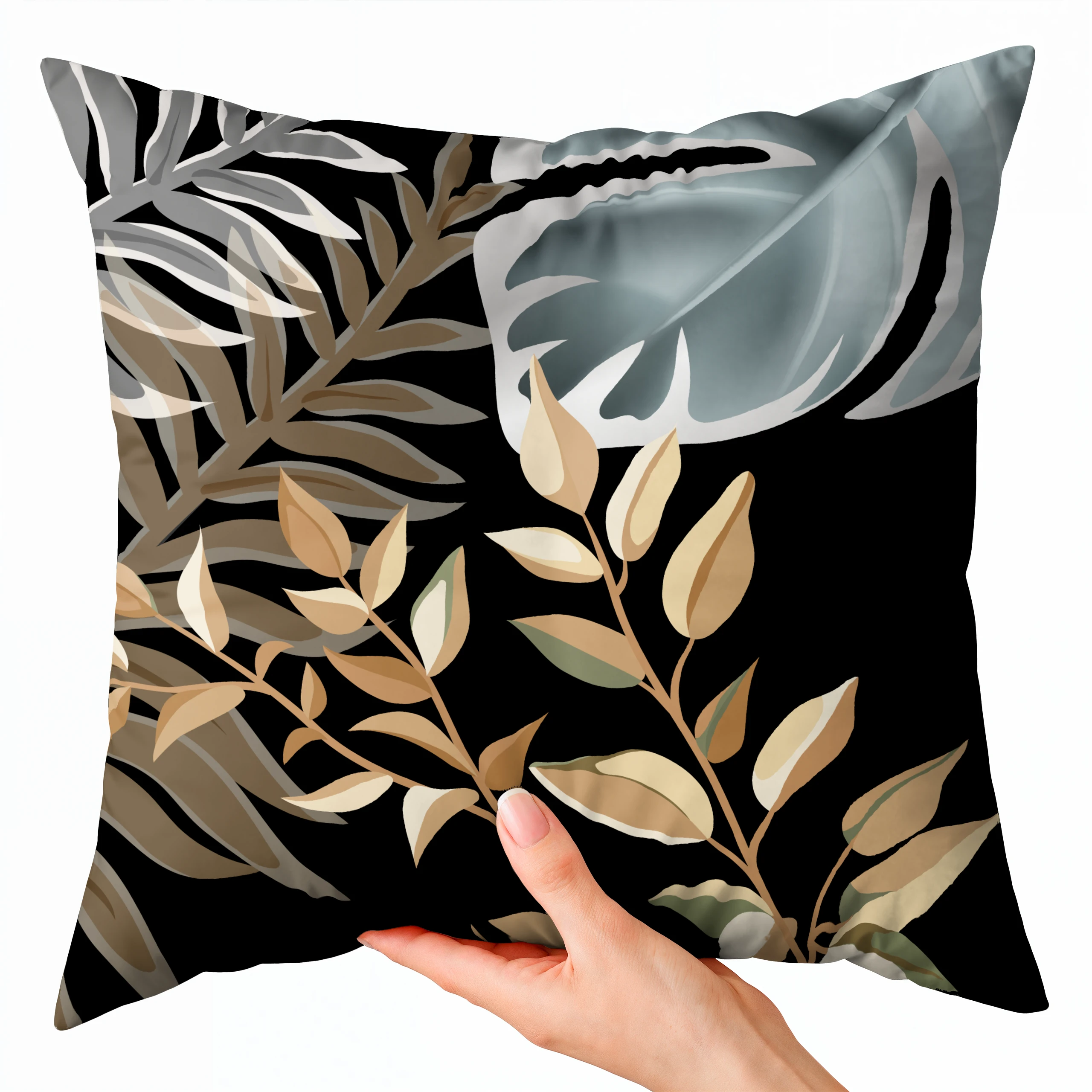 Poszewka dekoracyjna jasiek 40x40 Boho tropikalne liście czarny szary