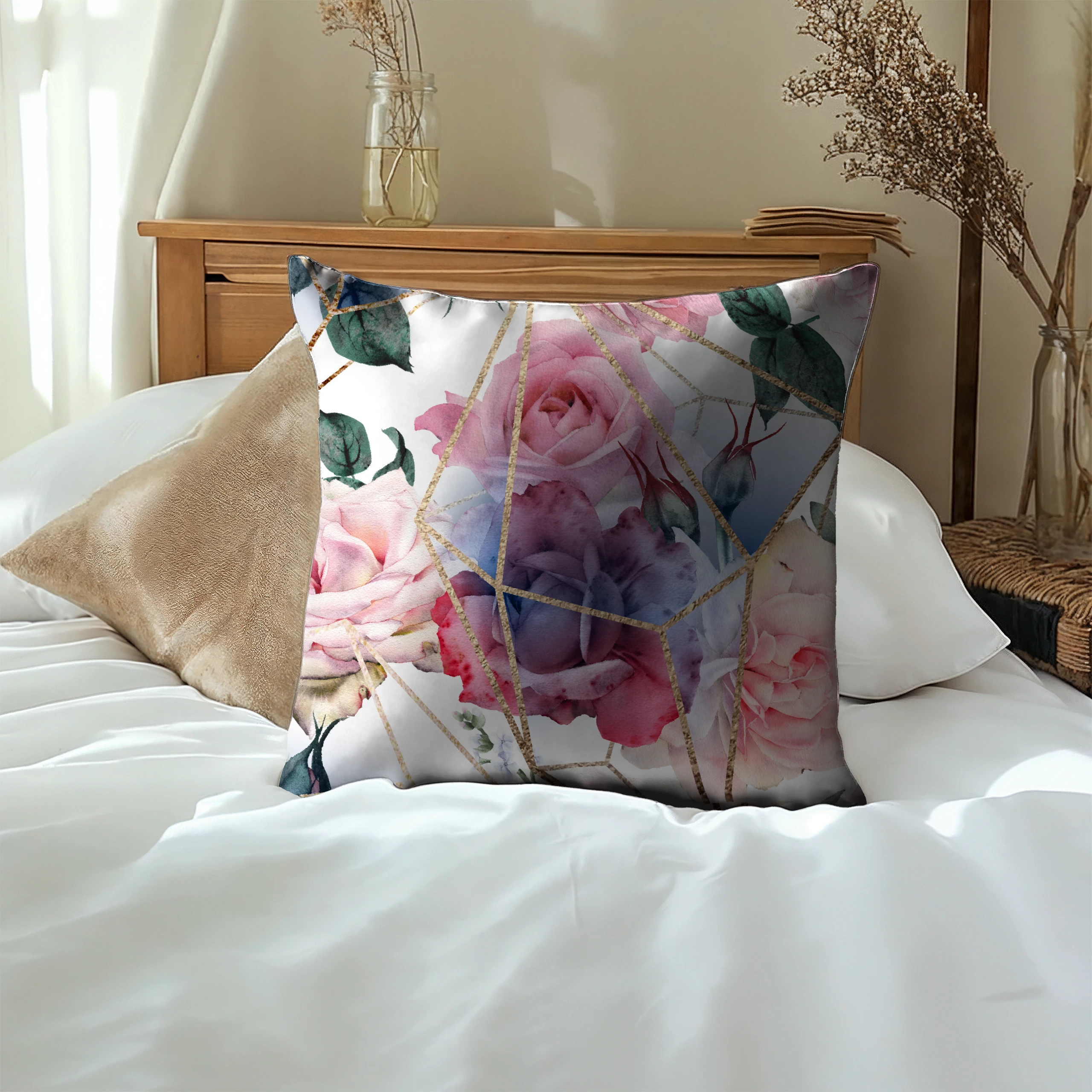 Poszewka na poduszkę 50x50 dekoracyjna jasiek ozdobna wzór poszewki kwiaty – miniatura