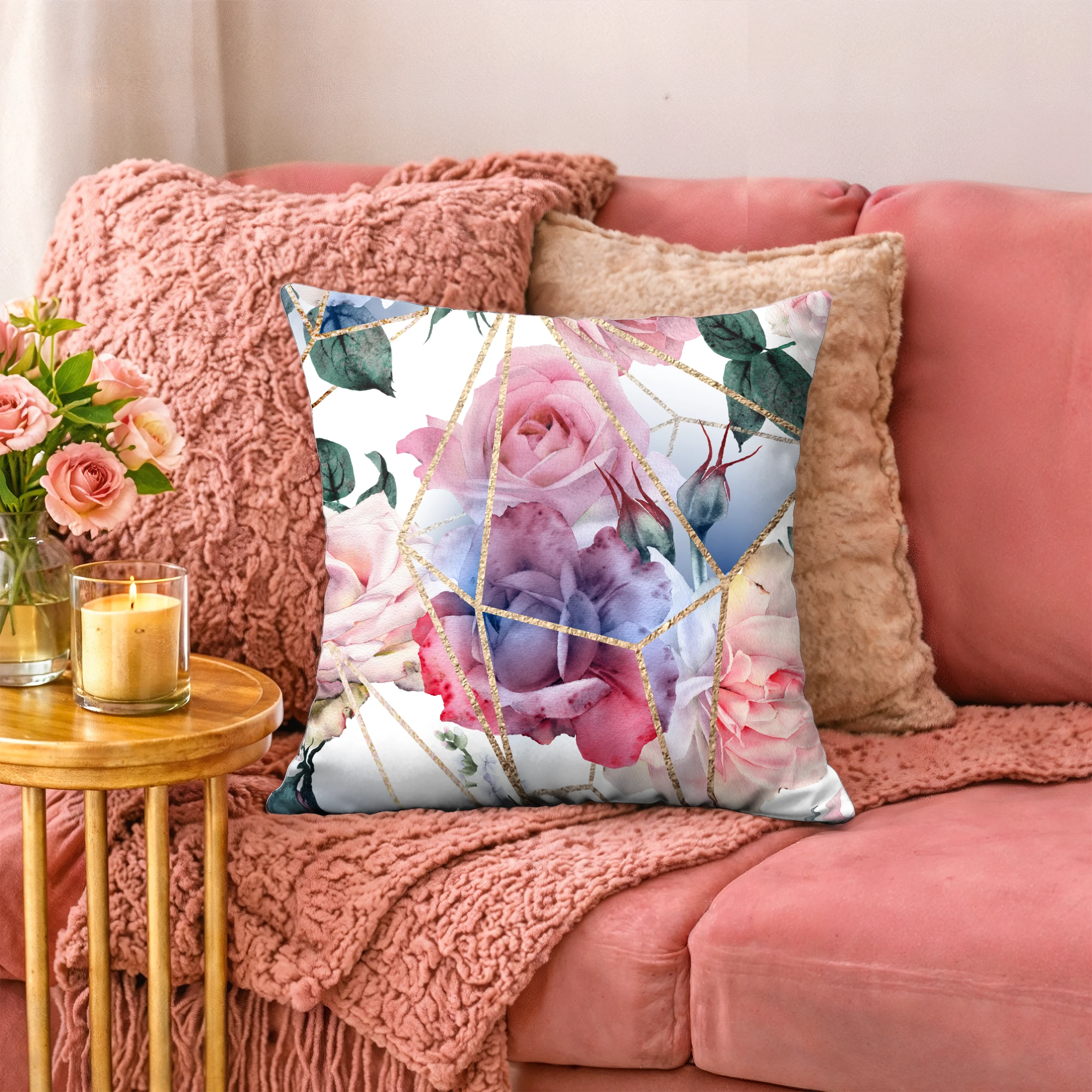 Poszewka na poduszkę 50x50 dekoracyjna jasiek ozdobna wzór poszewki kwiaty – miniatura