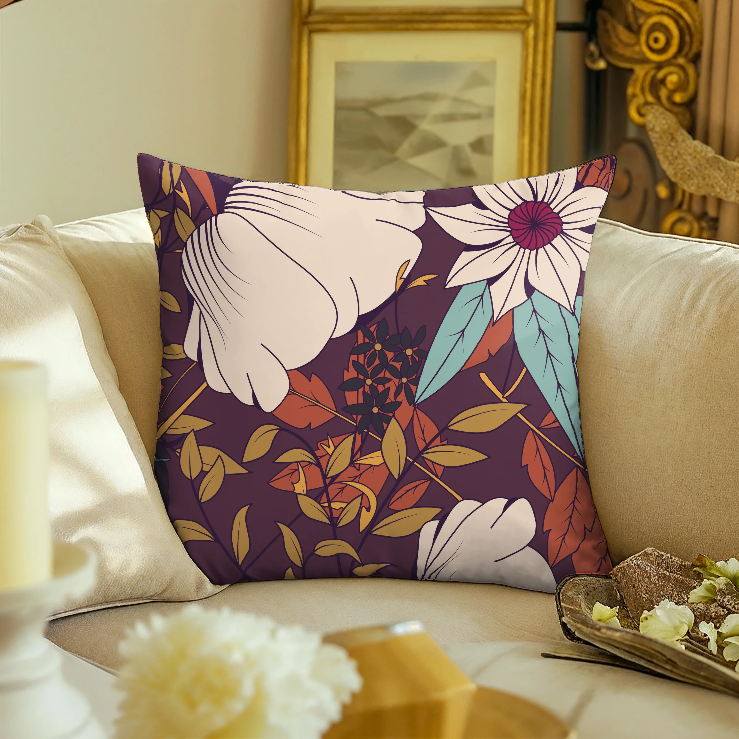 Poszewka na poduszkę 50x50 dekoracyjna jasiek ozdobna wzór poszewki kwiaty – miniatura