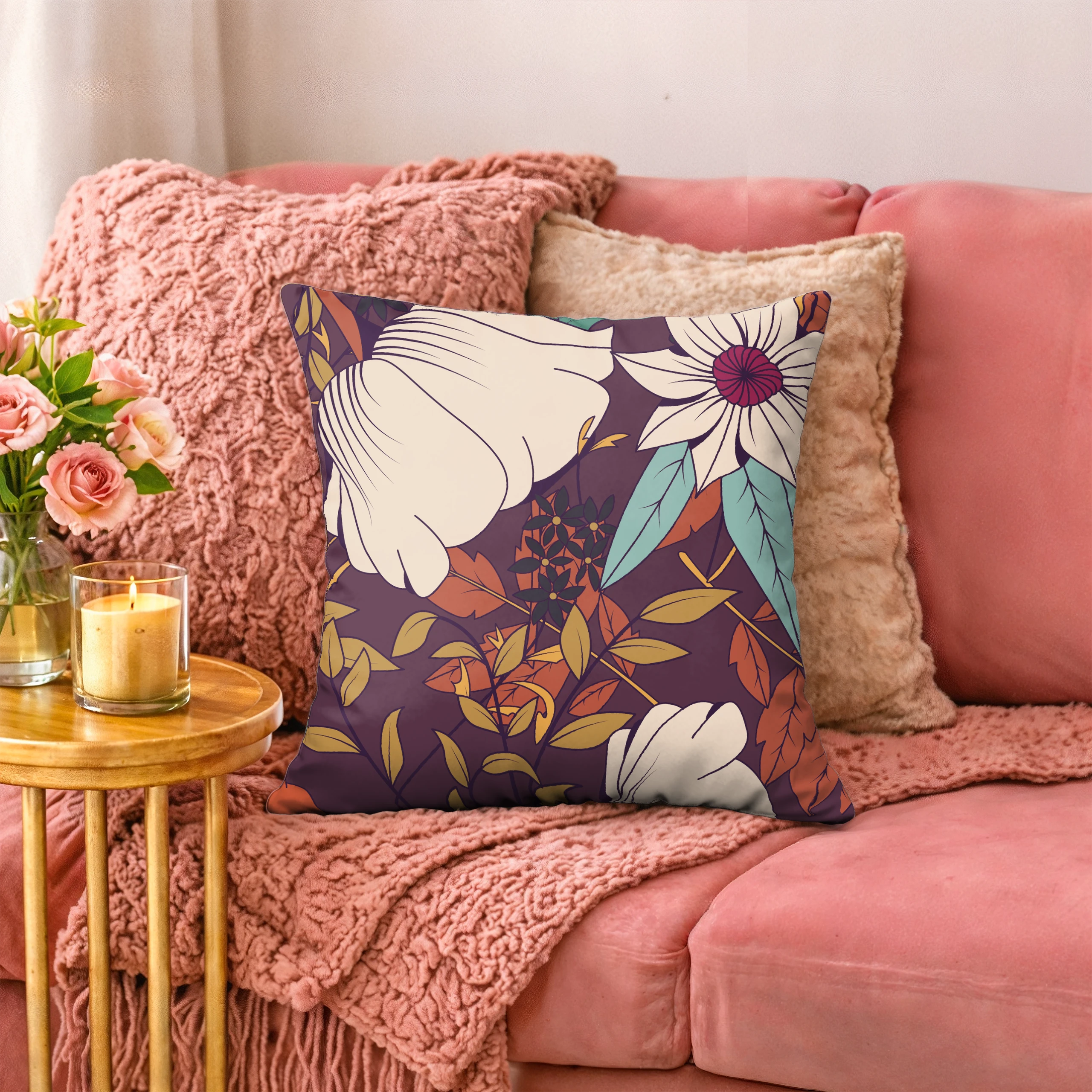 Poszewka na poduszkę 50x50 dekoracyjna jasiek ozdobna wzór poszewki kwiaty – miniatura