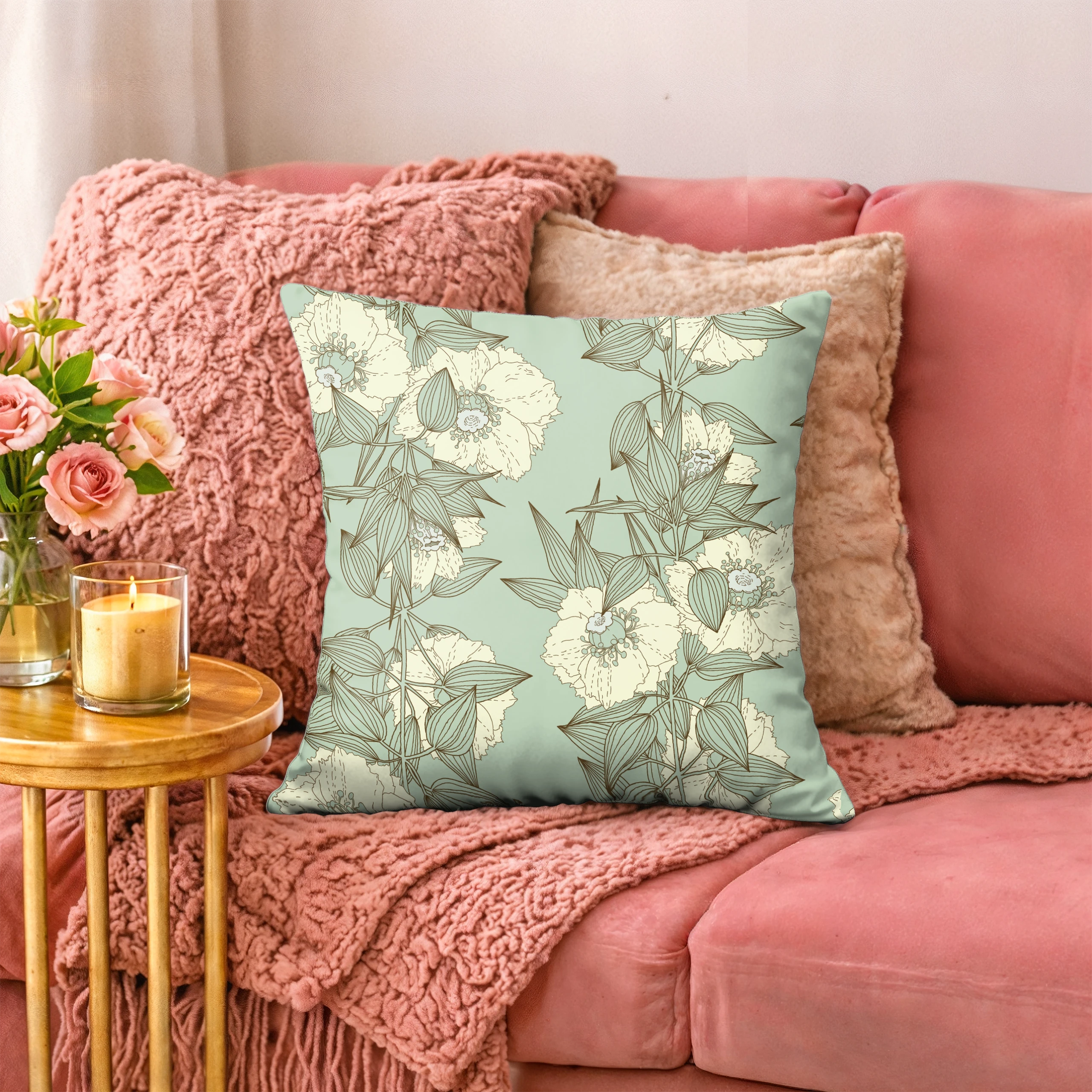 Poszewka na poduszkę 50x50 dekoracyjna jasiek ozdobna wzór poszewki kwiaty – miniatura