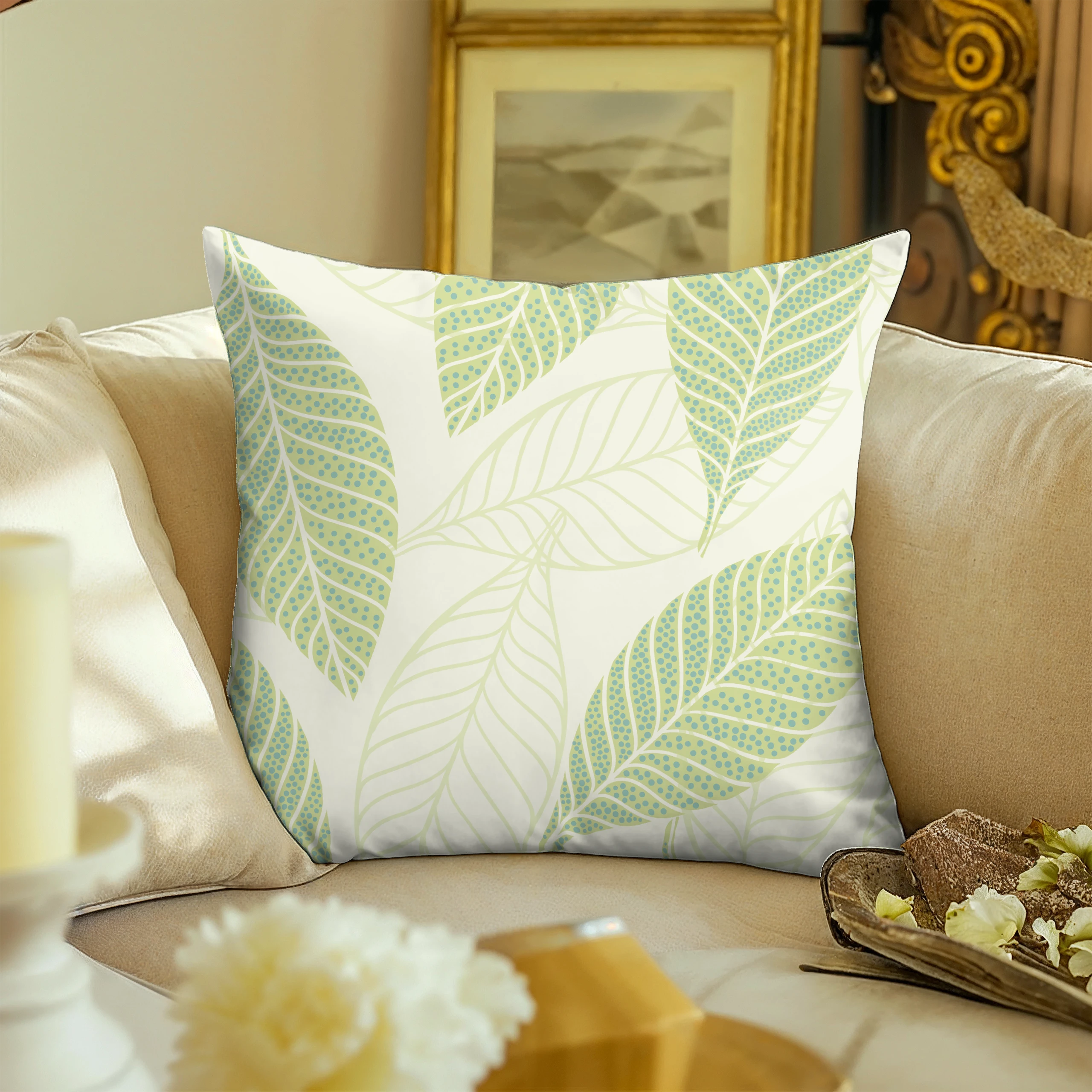 Poszewka na poduszkę 50x50 dekoracyjna jasiek ozdobna wzór poszewki liście – miniatura