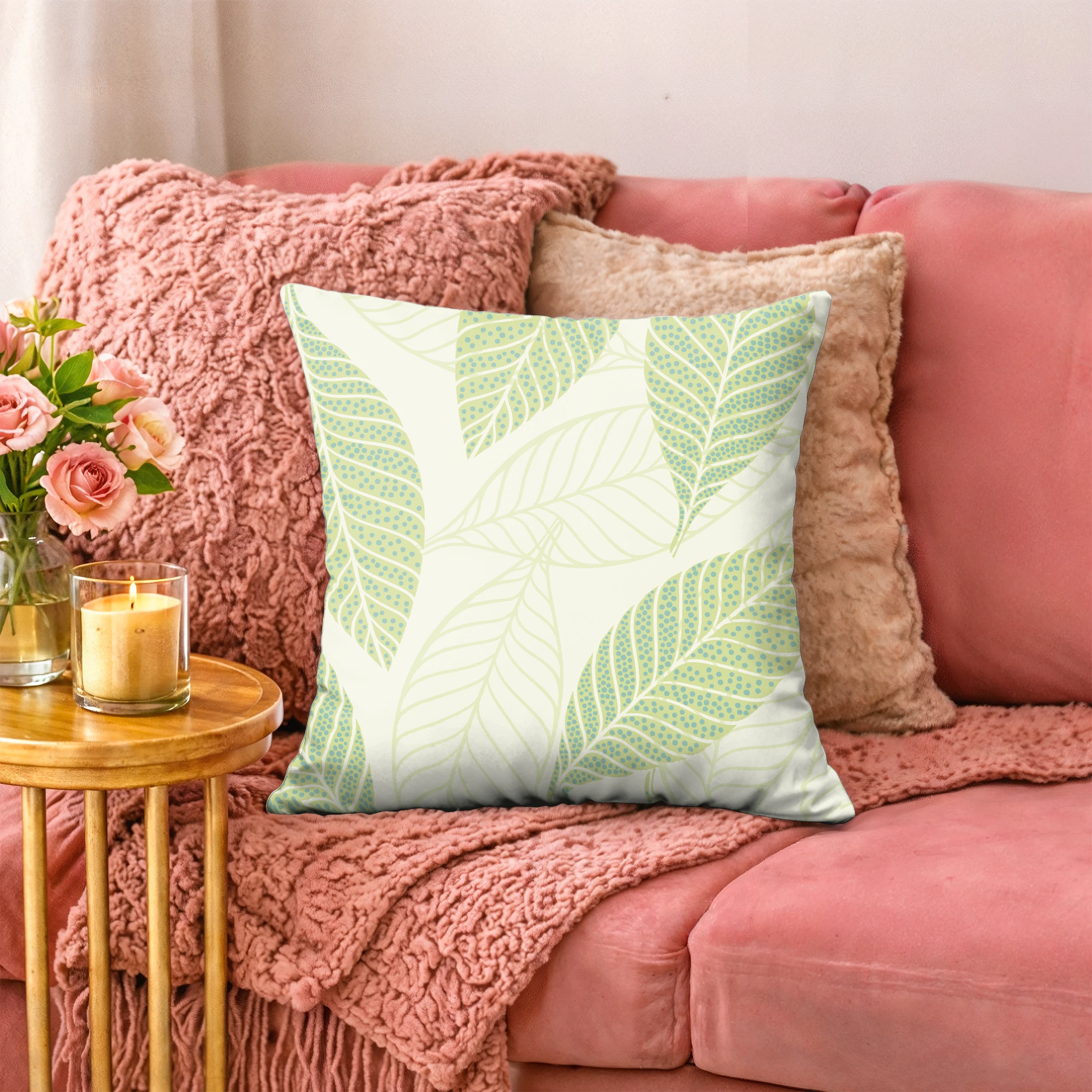 Poszewka na poduszkę 50x50 dekoracyjna jasiek ozdobna wzór poszewki liście – miniatura